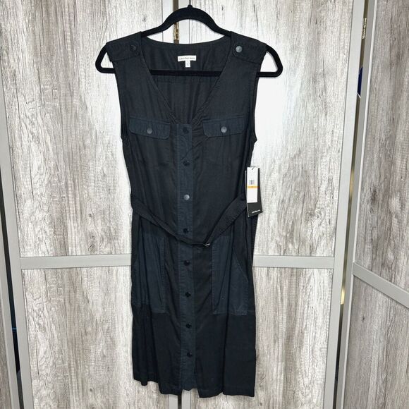 Calvin Klein Shirt Dress Snap Buttons V Neck Belt Patch Pockets Black Size S - Picture 1 of 10